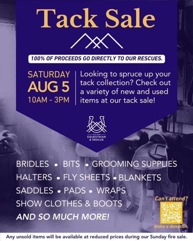 Even though I can’t ride right now because of my ankle surgery, I’ve been busy at the barn helping to get things organized and cleaned for our Tack Sale! Saturday, August 5th! Crazy prices on gently used saddle pads, saddles, bridles, reins, boots, clothing, and so much more! Plus t-shirts and tanks to support @milehighrescue and an art stand featuring @kaytastrope_art. If you have tack to sell and want to join us, you’re welcome to lay out a tarp or pull up your car for a trunk sale for a small donation. 

Please please share with anyone you know in the Front Range area who loves horses!